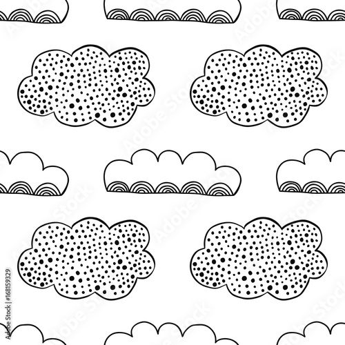 Decorative clouds. Black and white illustration, seamless pattern for coloring book, pages. Vector