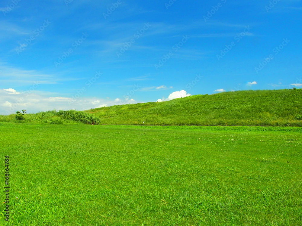 Fototapeta premium 草原と土手と青空