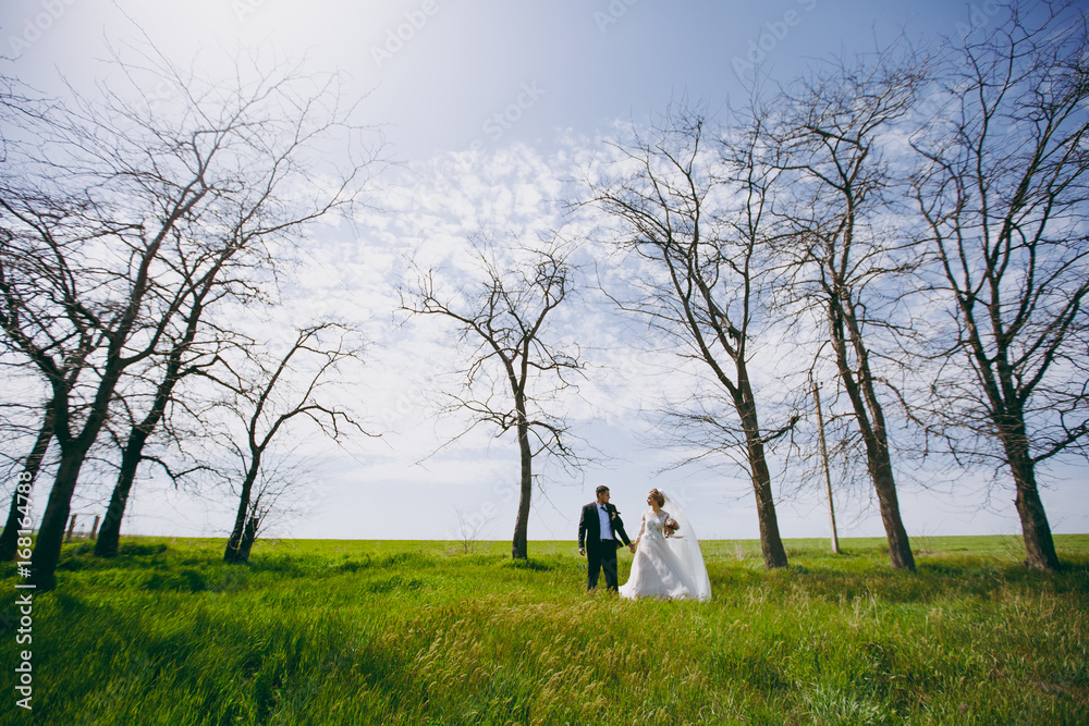 Beautiful bride and groom couple walking at the wedding