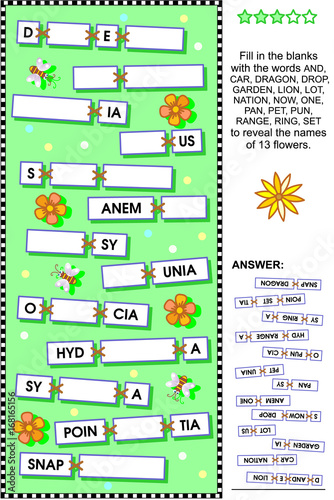 Word puzzle or word game: guess the names of various flowers. Answer included. 
