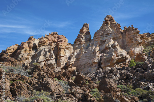 Unusual limestone rocks by Guajara Mountain, in the national nark Las Canadas del Teide, Tenerife, Canary Islands, Spain © Ana