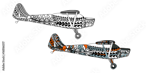 Airplane with ethnic doodle pattern. Zentangle inspired pattern for anti stress coloring book pages for adults and kids. Black on white and colored in one