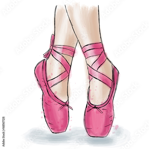 Pink ballerina shoes. Ballet pointe shoes with ribbon.