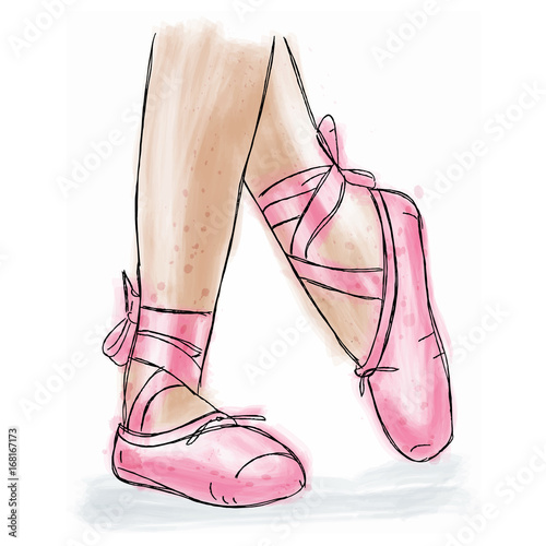 Pink ballerina shoes. Ballet pointe shoes with ribbon.