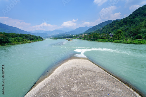 Water-diversion levee of Dujiangyan , also called  fish's mouth. It's an ancient irrigation system in Dujiangyan City, Sichuan province of China.