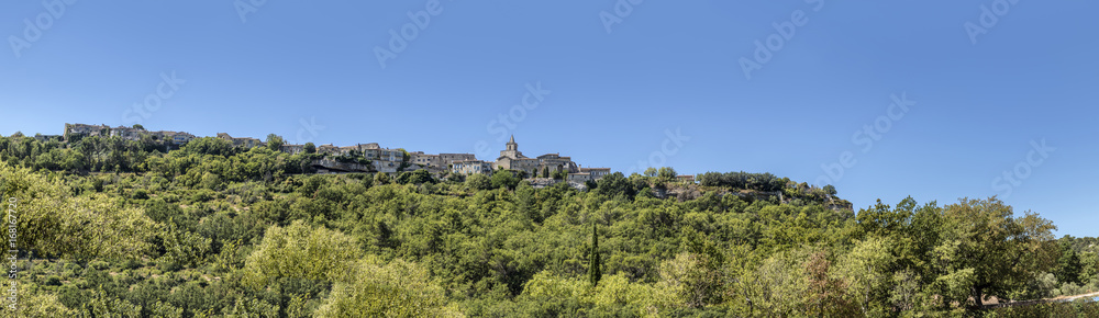 view to old village of Venasque on a hill, Provence, France