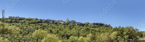 view to old village of Venasque on a hill, Provence, France