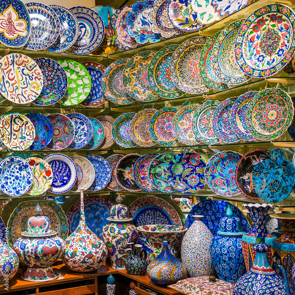 Turkish ceramics on sale at the Grand Bazaar in Istanbul, Turkey. Traditional Turkish ceramics Turkish ceramics on sale at the Grand Bazaar in Istanbul, Turkey. Traditional Turkish ceramics