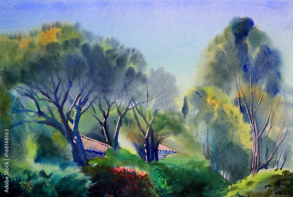 Fototapeta premium Watercolor painting country landscape