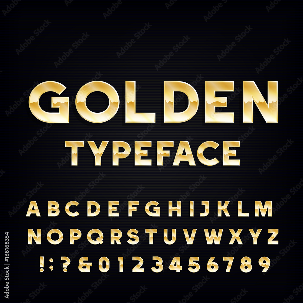 Golden Alphabet Vector Font. Metallic effect shiny letters and numbers on a dark background. Stock vector typography for your design.