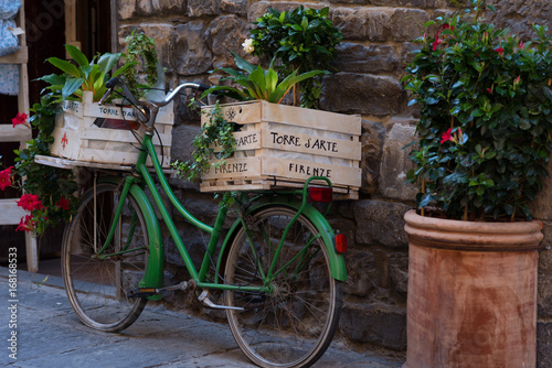 Fototapeta Boxes with plant on a green Italian Bicycle. Florence, Italy.