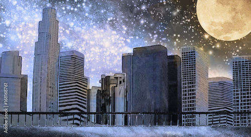 Fantasy illustration with Milky Way, stars. View of city space landscape. Painting New York. Skyscrapers, sky and moon photo