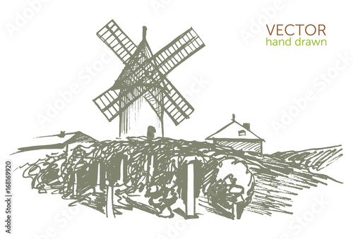 Landscape with a windmill, vintage pattern, Beaujolais nouveau