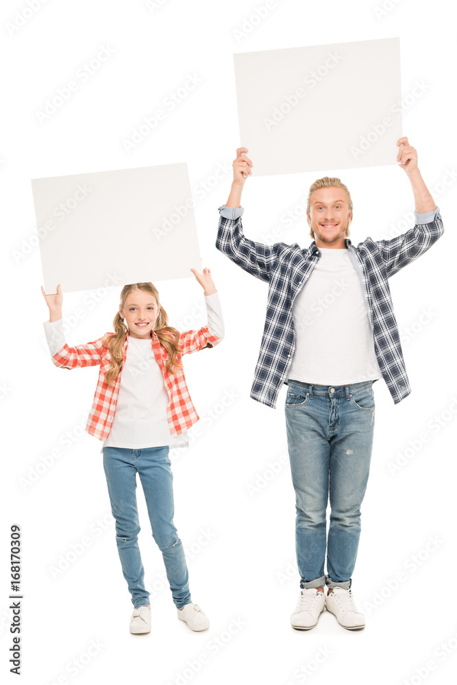 father and daughter with blank banners father and daughter with blank banners