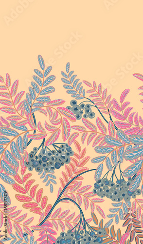 Vertical seamless background with red berries and branches of ripe rowan. Hand drawn illustration