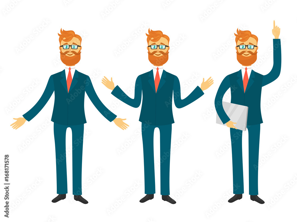 Businessman cartoon character in different poses for business presentation vector set. Successful man shows and tells illustration Businessman cartoon character in different poses for business presentation vector set. Successful man shows and tells illustration
