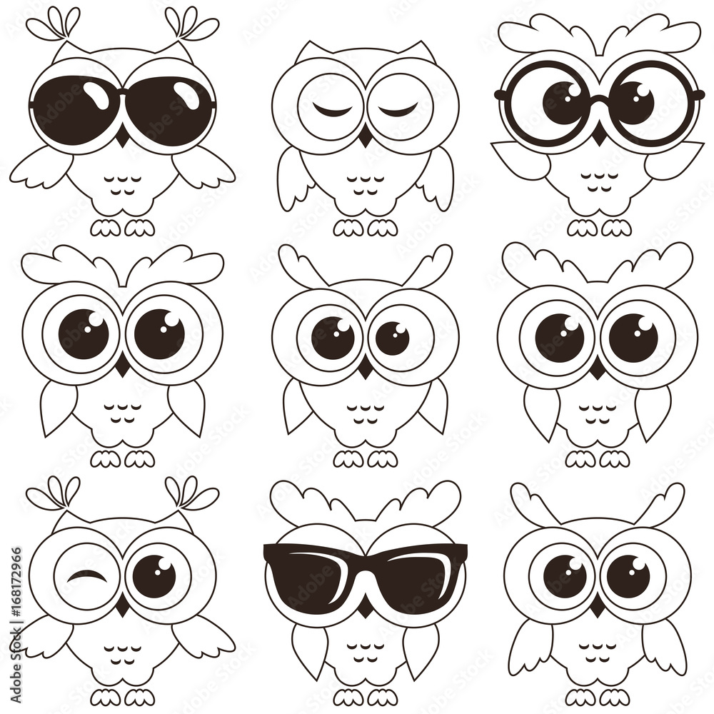 Set of cool owls isolated on white background