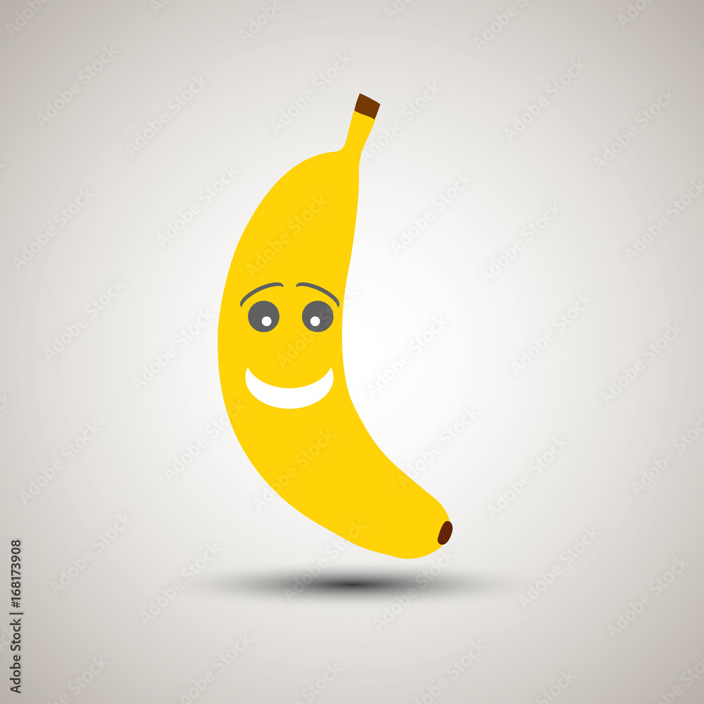 Yellow banana emoji with a smiley and soft look. Emoticon for app
