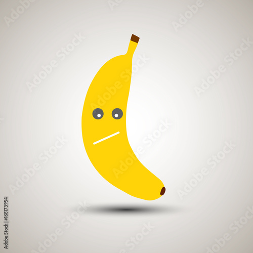 Yellow banana emoji with sad look. Emoticon for app. Yellow banana fruit smiley face with upset or unsure look. Sad emoji.
