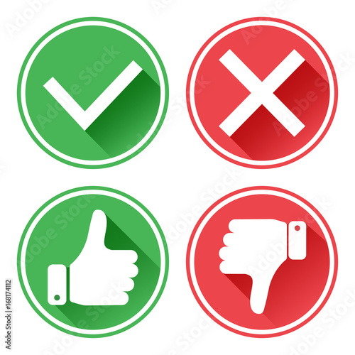 Set red and green icons. Thumb up and down. Check mark and cross. Vector illustration.