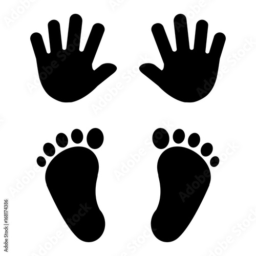 Baby's foot prints and hand prints. Black silhouettes. Vector illustration.