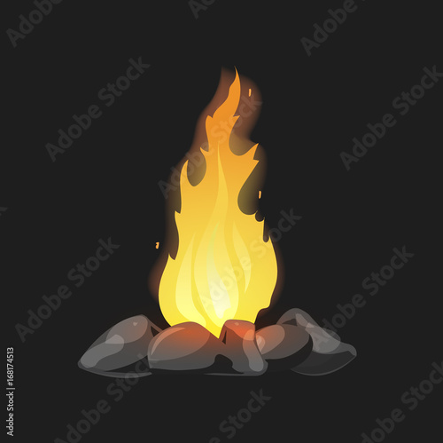 Set of cartoon Bonfires with stones on black background isolated vector illustration. Camping fire