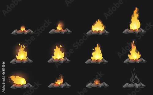 Set of cartoon Bonfires with stones on black background isolated vector illustration. Camping fire evolution