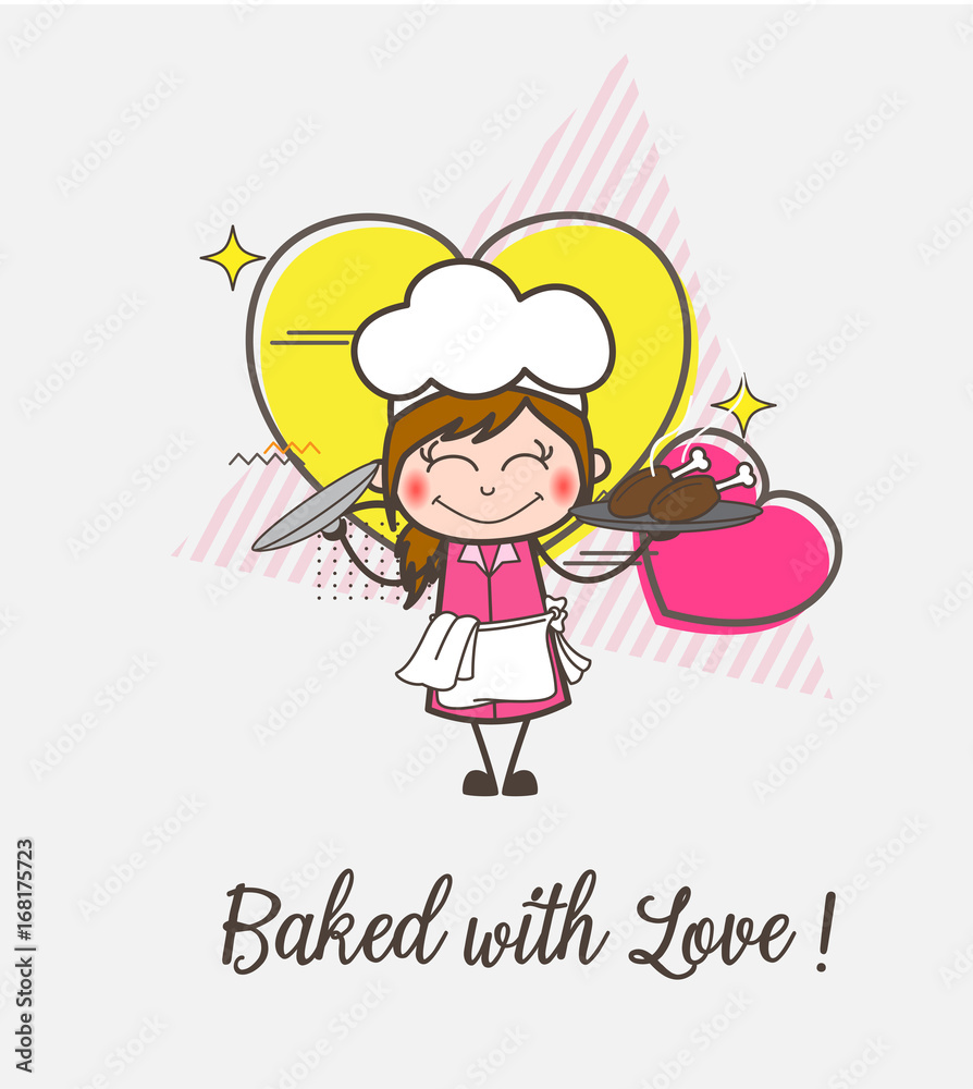 Cartoon Innocent Smiling Waitress Presenting Chicken Food Vector Cartoon Innocent Smiling Waitress Presenting Chicken Food Vector