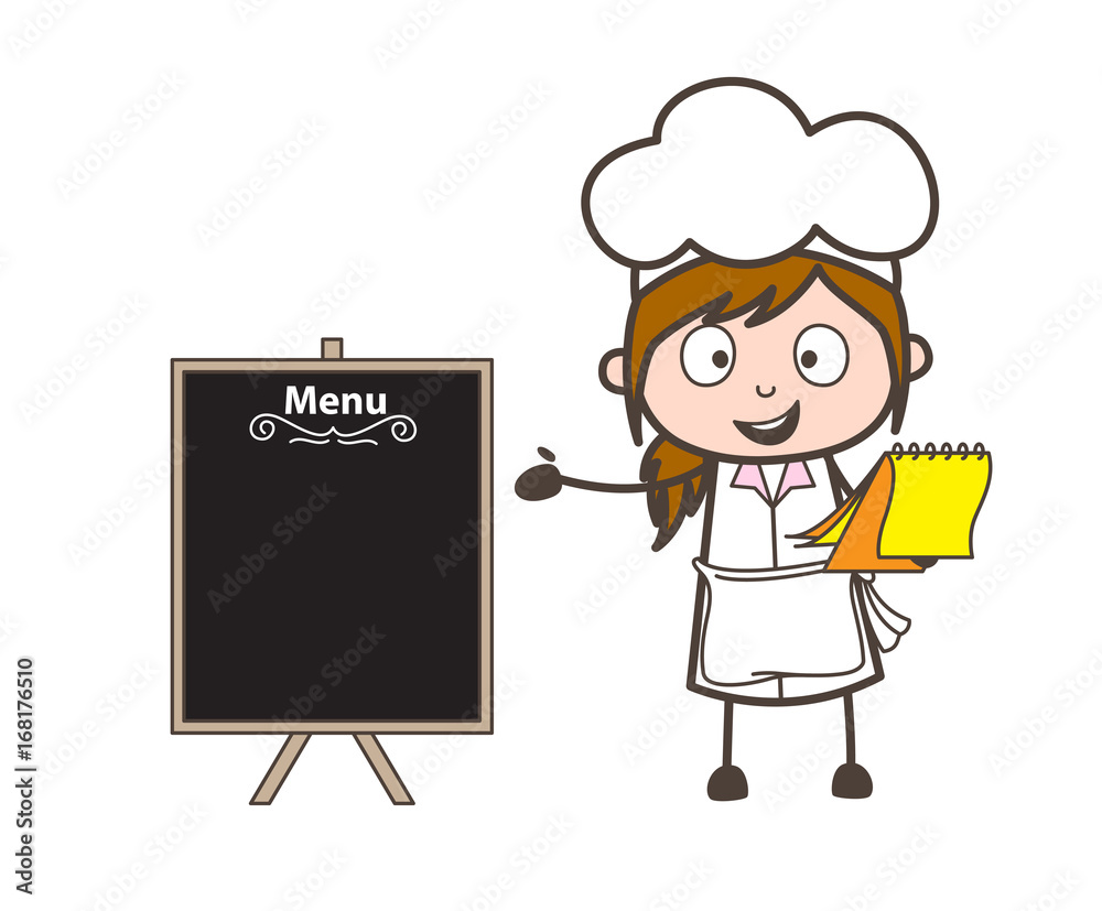 Cartoon Waitress Presenting a Menu List Vector Illustration