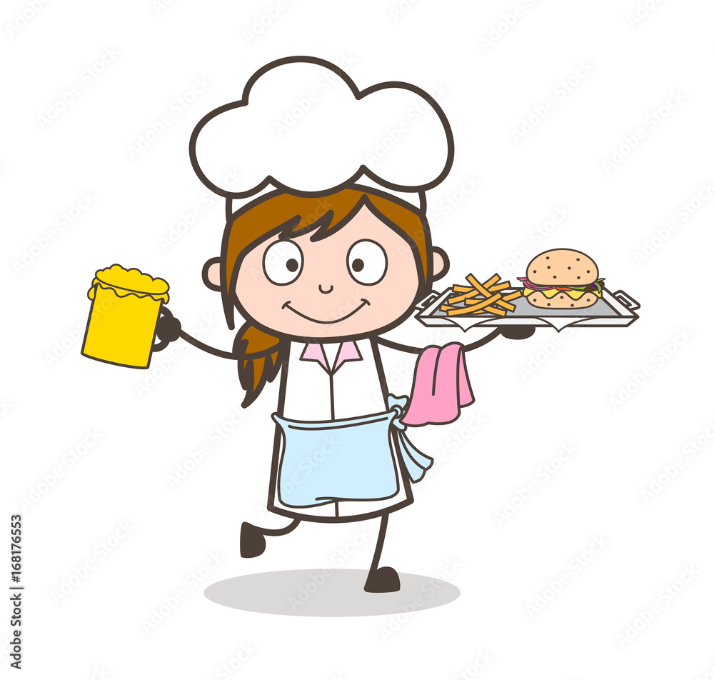 Cartoon Waitress with Snacks and Beer Glass Vector Illustration Cartoon Waitress with Snacks and Beer Glass Vector Illustration