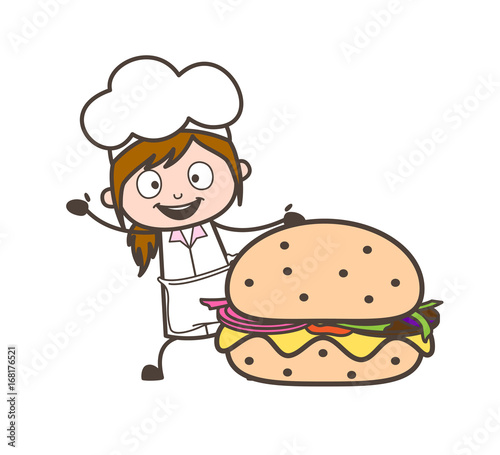 Cartoon Waitress Presenting a Large Hamburger Vector Illustration