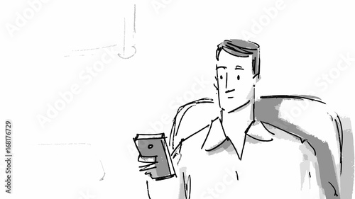 Man with a smartphone sitting on a couch Vector sketch storyboard, projects, cartoon