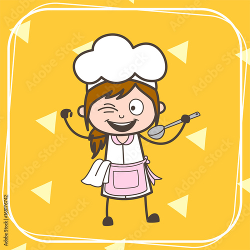 Cartoon Naughty Waitress Playing with Utensils Vector Illustration