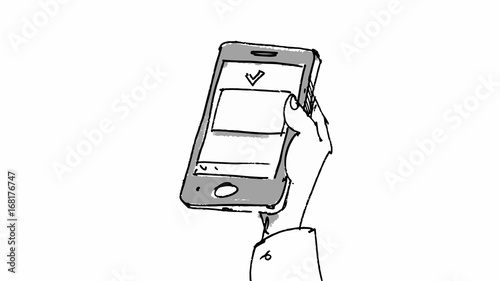 Hand holding a smartphone Vector sketch storyboard, projects, cartoons