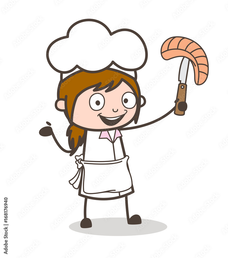 Cartoon Happy Waitress Holding a Large Bread with Knife Vector Illustration Cartoon Happy Waitress Holding a Large Bread with Knife Vector Illustration