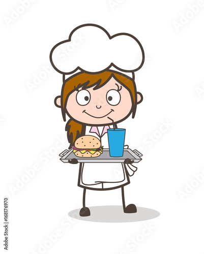Cartoon Waitress Presenting Drink and Burger Vector Illustration