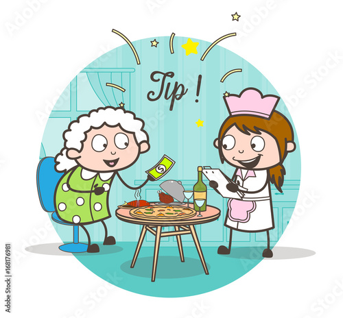 Cartoon Old Lady Giving Tip to Waitress Vector Concept