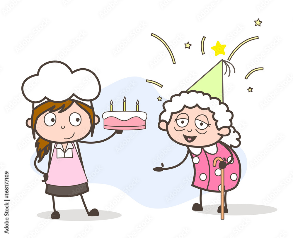 Cartoon Granddaughter Chef Celebrating Grandma Birthday with Cake Vector Concept Stock Vector | Adobe Stock Cartoon Granddaughter Chef Celebrating Grandma Birthday with Cake Vector Concept Stock Vector | Adobe Stock