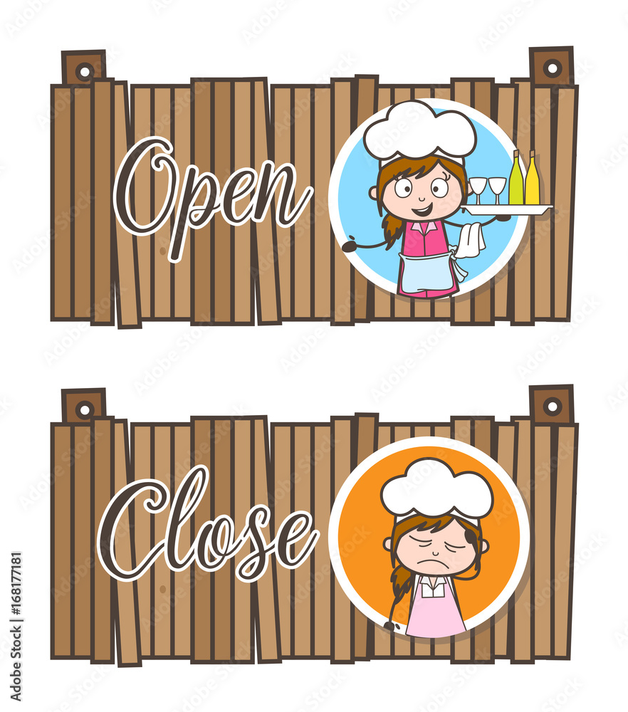 Cartoon Restaurant Open and Close Tag Banner Vector Illustration Stock