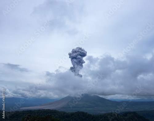 Eruption of Sinabung Volcano. View from summit of Sibayak Volcano. Berastagi, North Sumatra, Indonesia.