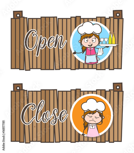 Cartoon Restaurant Open and Close Tag Banner Vector Illustration