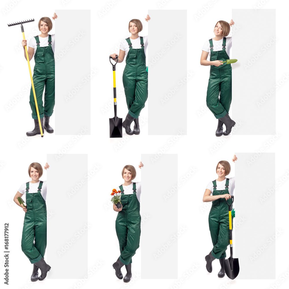 Fototapeta premium young smiling woman professional gardener holding the banner with empty copy space isolated on white background. advertisement blank board. gardening service and business concept. collage
