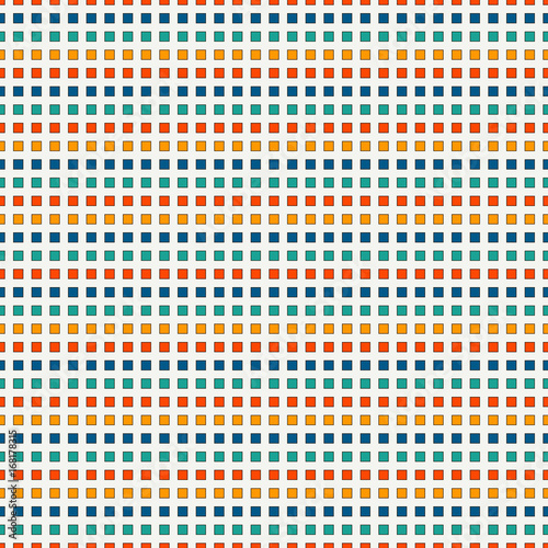 Seamless pattern with bright colors repeated squares. Horizontal dashed lines abstract background. Mosaic wallpaper.