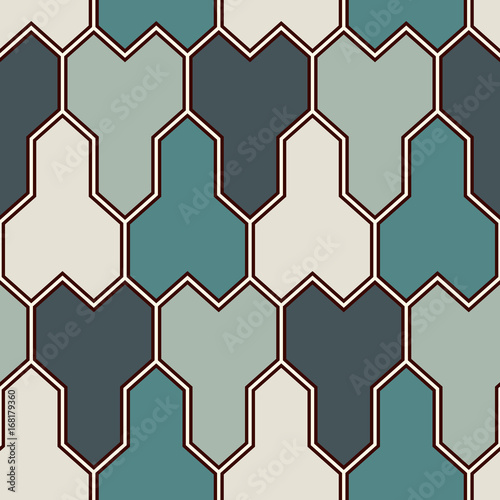 Interlocking three pronged blocks background. Mosaic seamless pattern with geometric figures. Oriental pavement ornament
