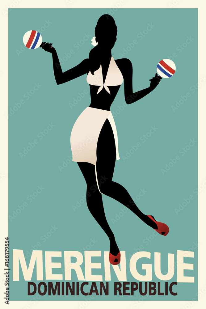 Silhouette of girl dancing merengue with maracas. Retro style Dominican