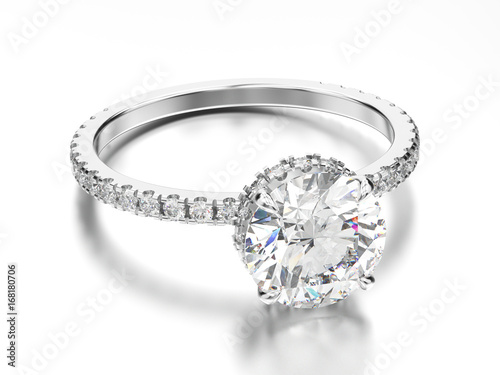 3D illustration white gold or silver engagement ring with diamond with reflection