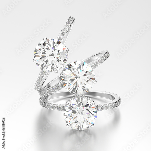 3D illustration three white gold or silver traditional engagement diamond rings with reflection