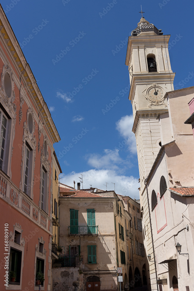 Taggia - Medieval church square in old town, Liguria

