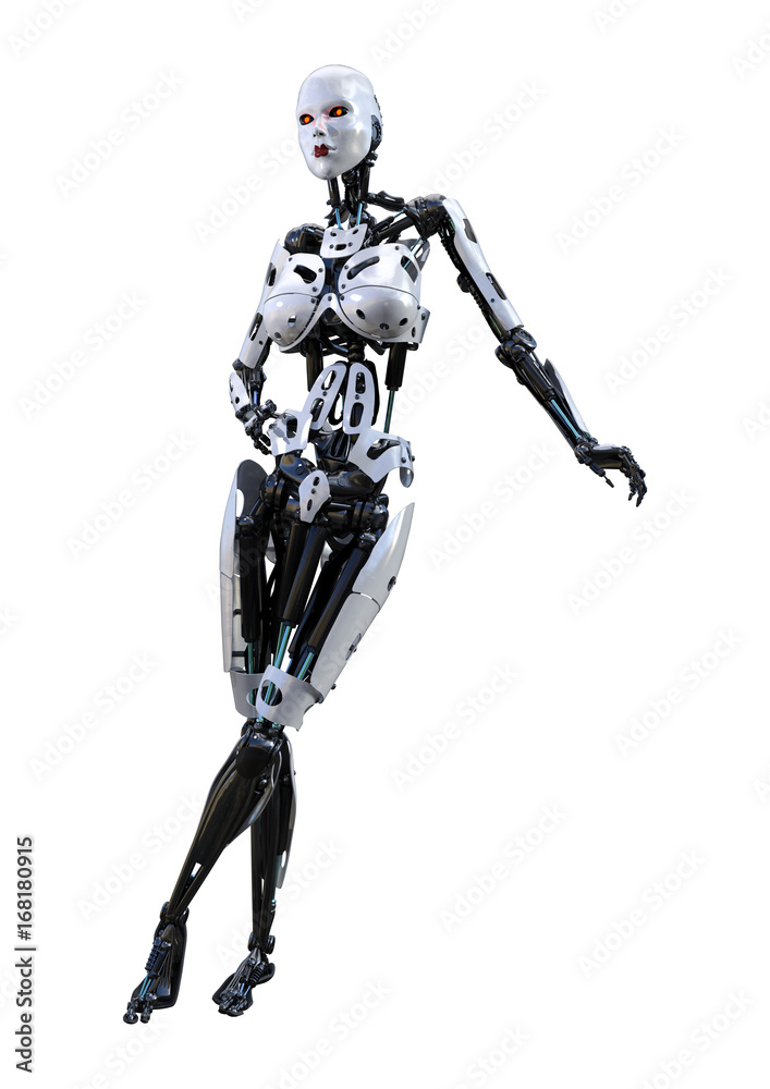 3D Rendering Female Robot on White