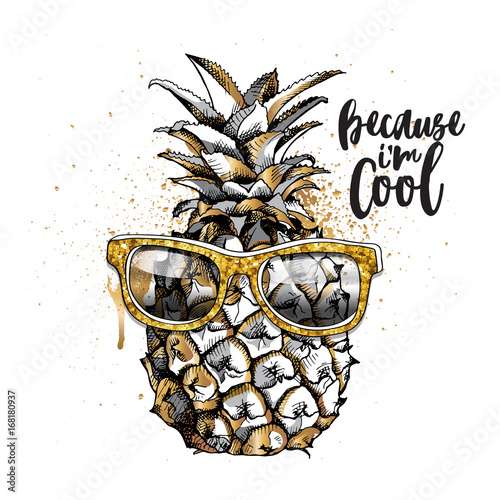 Gold and Silver pineapple fruit in a glitter glasses on a white background. Vector illustration.